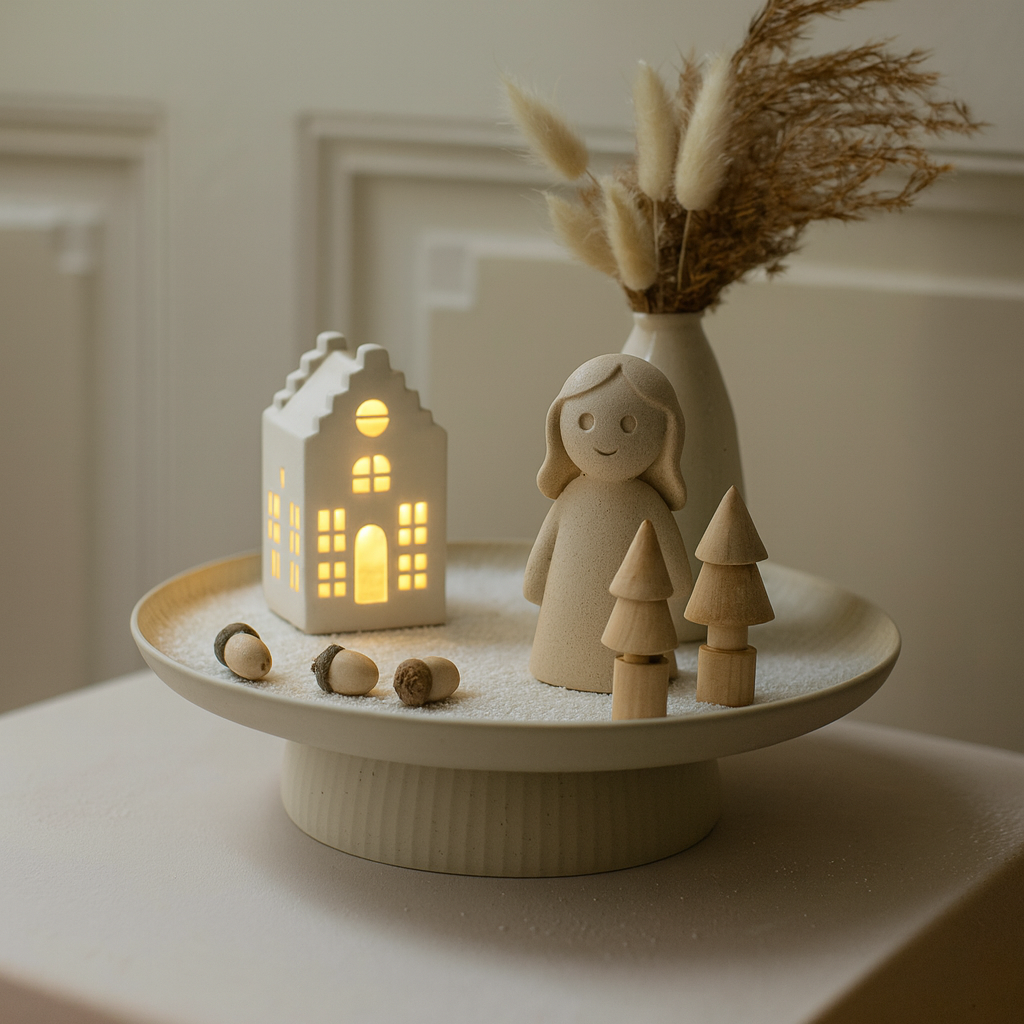Winterliche Deko-Szene mit Leuchthaus &amp; Holzfiguren